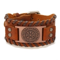 Brown braided leather Viking compass bracelet with vintage bronze metal buckle for men - Brown Leather + Antique Red Copper