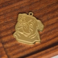Colgante de bulldog de acero inoxidable dorado sobre fondo de madera oscura - Dorado