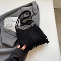 Retro black suede crossbody bag with fringe tassels and sequined wing embroidery - Black