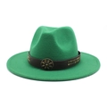 Detail of green felt wide-brim hat with brown leather band and brass flower ornament - Grass Green