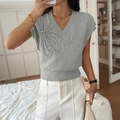 Women's gray V-neck knit vest featuring 3D floral accents in a casual sleeveless style - S / Light Gray