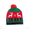 Bonnet de Noël à LED avec motif de renne, pompon coloré et interrupteur d'éclairage - Adulte (Élastique) / Faon Rouge (Sans Revers)