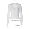 Detailed view of the lace square neckline and ribbon tie on this white slim-fit top - S / White