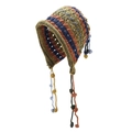 Handmade crochet colorful striped beanie with earflaps and festive tassel pom-poms - M (56-58cm) / Yellow Stripe