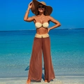 Three-piece beach set with cream bandeau bikini and dark brown sheer mesh trousers - S / Camel 3-Piece Set