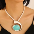 Bohemian silver necklace featuring oval cracked turquoise pendant on white braided rope - Silver Bracket Oval Turquoise Style (白kS71)