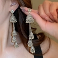 Silver ethnic Jhumka tassel earrings with small bells on a model in a close-up portrait - 68# Tassel