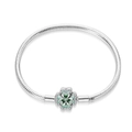 Detail of silver snake chain bracelet with green enamel and zircon clover charm - PAB012-Four-leaf Clover