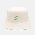 Close-up of cute avocado embroidery on cream cotton bucket hat with detailed stitching - M (56-58cm) / Beige