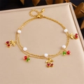 Double-layer gold chain anklet with cherry pendants, pearls, and colorful crystal beads - Double Layer Cherry Crystal Pearl Style (B1699)