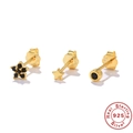 Three-piece S925 sterling silver earring set with black zircon stars and flower designs - Gold Black Flower Star Dot 3-Piece Set