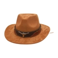 Brown wide brim cowboy hat with bull head silver ornament and leather stud band - One Size / Camel (Bull Head Patchwork)