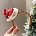 Plush Christmas headband with red striped Santa hat and golden Merry sign charm - Striped Santa Hat Headband