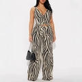 Detail van de zebraprint set met V-hals vest en wijde broek met hoge taille voor vrouwen - S / Beige Zwart Zebra