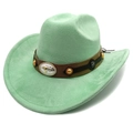 Mint green faux suede western cowboy hat with brown leather band and silver bull head buckle - M (56-58cm) / Fruit Green