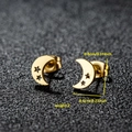 Golden crescent moon and star stainless steel stud earrings with size annotations - 029 Moon Star / Gold