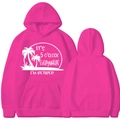 Rose red hoodie with white palm tree and 'I'm Retired' text shown from front and back - Rose Red