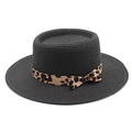 Detail of black woven boater hat featuring a stylish leopard print ribbon and bow knot - M (56-58cm) / Black