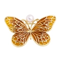 Elegant gold butterfly brooch with orange amber enamel and white pearl accents - YNCP2682 Brown