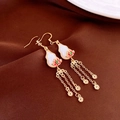 Detail of vintage gold plated earrings with jade gourd pendants and long metal tassels - Gold Gourd White Jade Tassel Earrings (7#)