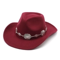 Vintage burgundy wool felt cowboy hat with silver bohemian style metal decorative chain - Burgundy