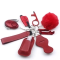 Close-up of a red 10-piece safety keychain set with a plush ball and mini flashlight - Bright Red (Style 21)