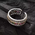 Rainbow gemstone open ring in silver finish with colorful zircon stones and hollow pattern - Silver Tone Multi-color