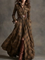 Detail of retro plaid dress fabric and brown leather belt on a long sleeve dress - S / Khaki Plaid