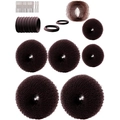Detail of professional hair styling tool kit with bun makers, U-pins, and elastic bands - 41-Piece Coffee Set / Brown