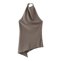 Top marrone caffè con scollo all'americana, orlo asimmetrico e finitura setosa - XS / Tops / Marrone
