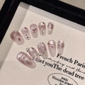 Uñas postizas ojo de gato rosa y púrpura con lazos 3D, perlas y cristales de lujo - XS / Ovalado Corto