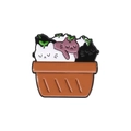 Cute enamel pin featuring three colorful cartoon cats in a brown plant pot design - Cats in Pot