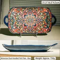 Bohemian blue ceramic fish plate with double handles and colorful mandala patterns - Bohemian Oval Fish Plate / Blue