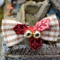 Brown and white plaid fabric bow ornament with red metallic leaves and gold bells - Christmas Bow 15