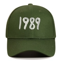 Detailed view of white 1989 3D embroidery on deep green cotton canvas baseball cap - Army Green