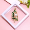 Golden bamboo brooch with green leaves and a pearl in a pink decorative setting - XZ074-Gold Bamboo-Boxed