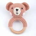 Handmade crochet baby rattle with pink teddy bear head and natural wooden ring - Pink Bear