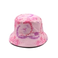 Detail view of pink and purple tie-dye bucket hat with reinforced brim stitching - One Size / 10 Pink Purple Spiral