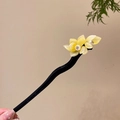 Classic black wooden hair stick with translucent yellow floral accent and white pearl - 156# Magnolia Flower Hairpin