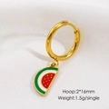 Macro detail of watermelon enamel pendant hoop earring, 2x16mm gold stainless steel - Enamel Watermelon