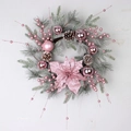 Pink Christmas wreath with flocked pine needles, electroplated baubles and poinsettia flowers - 50cm Full Wreath