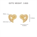 Detailed view of heart stud earrings with dimensions 15.40mm by 16.62mm in brass and zircon - Gold