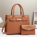 Caramel brown pebbled leather handbag set with gold hardware and classic padlock detail - Earthy Yellow