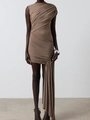 Slim fit caramel sleeveless dress with crew neck and all-over ruched pleats - Khaki