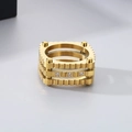 Three-layer square gold plated stainless steel ring with rhinestones and punk gear style - US 8 / Gold