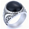Macro shot of vintage silver ring with black agate stone and intricate vine engraving - Steel Color + Black Gemstone