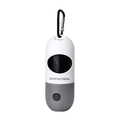 Dog poop bag dispenser capsule in white and grey with black metal carabiner hook - Dispenser With LED Light (No Bags)