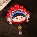 Cute Peking Opera doll ornament with red headwear, golden cloud pendant and white pearl - W1221-2 Opera Figure Red Headpiece