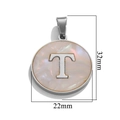 Silver stainless steel round shell pendant with letter T engraving and 32mm height - Steel T