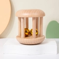 Natural wood baby rattle toy with golden metal bells inside a cylindrical cage - Beech Bell Rattle (2 Bells)
